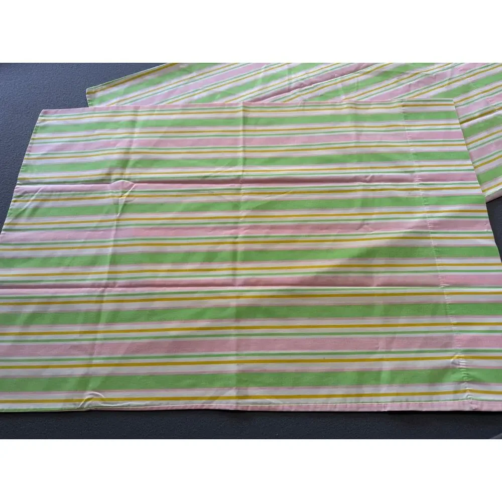 Vintage Striped Pillowcases JCPenney Percale Pink Green Cottagecore Pair 30x20